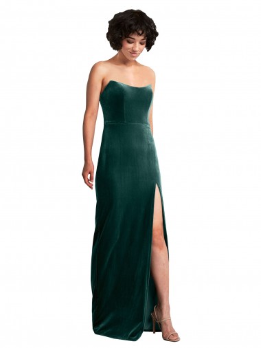 Scooped Strapless Long Formal Velvet Bridesmaid Dress / Prom Dress with Daring Side Slit